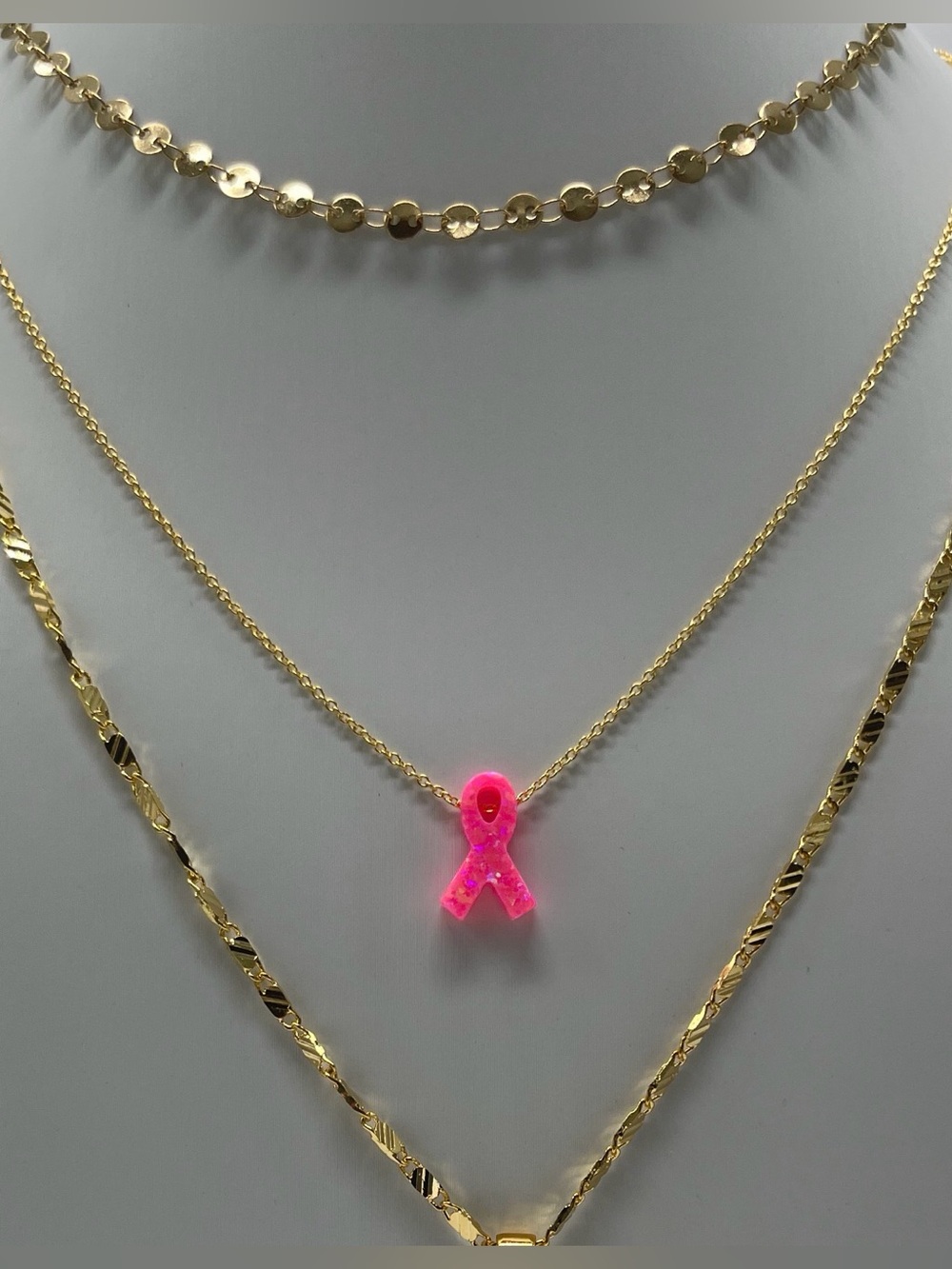 Pink Opal Ribbon Breast cancer awareness 18k plated chain..
18’ inch